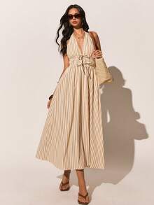 Poéselle 女士条纹印花扭结露背吊带休闲连衣裙 - 黃色 - 查看 7