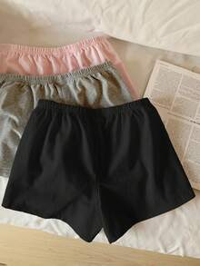 SHEIN EZwear 3件套女士针织休闲短裤套装，黑/灰/粉，夏季舒适短裤套装，柔软舒适棉质短裤，女士休闲短裤，家居服短裤，女士平角内裤，3件套女士短裤，夏季女士休闲短裤 - 彩色 - 查看 5