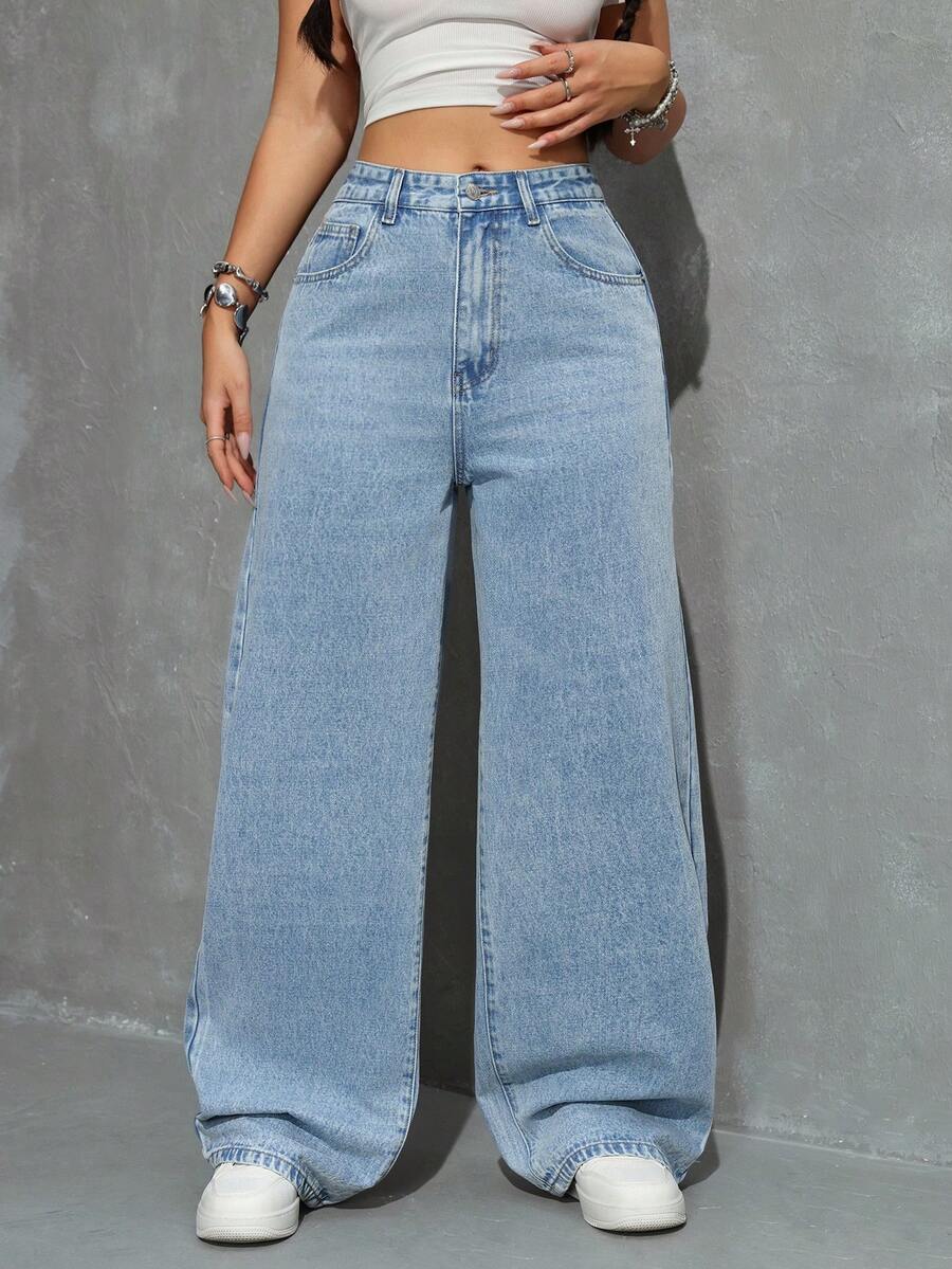 Women's Pocket Button Casual Versatile Daily Wear Wide Leg Jeans Light Wash Jeans - Light Wash - View 1