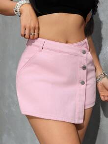 SHEIN PETITE Falda pantalón vaquera casual de uso diario con bolsillos y botones para mujer - Rosa Pálido - Ver 4