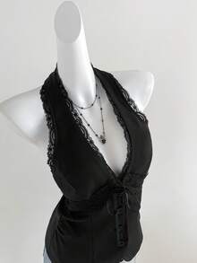 Elamini Áo vest ngắn không tay cổ chữ V phối ren, thắt nơ eo, phong cách Pháp thanh lịch, lãng mạn, cổ điển, gợi cảm, thích hợp cho công sở, đi làm, hẹn hò, mua sắm, dự tiệc, thích hợp cho mùa xuân/hè. - màu đen - Xem 4
