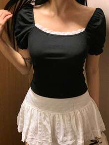 FRIFUL Women's Square Neck Lace Patchwork Fitted Petal Sleeve Sweet Palace Style T-Shirt - Black - View 1