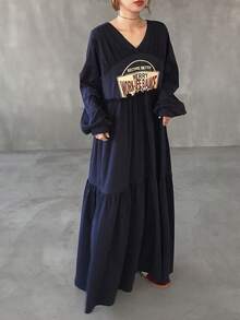 FRIFUL Women's V-Neck Loose Ruffled Hem Casual Dress Maxi Dress Sundress - Navy Blue - View 3