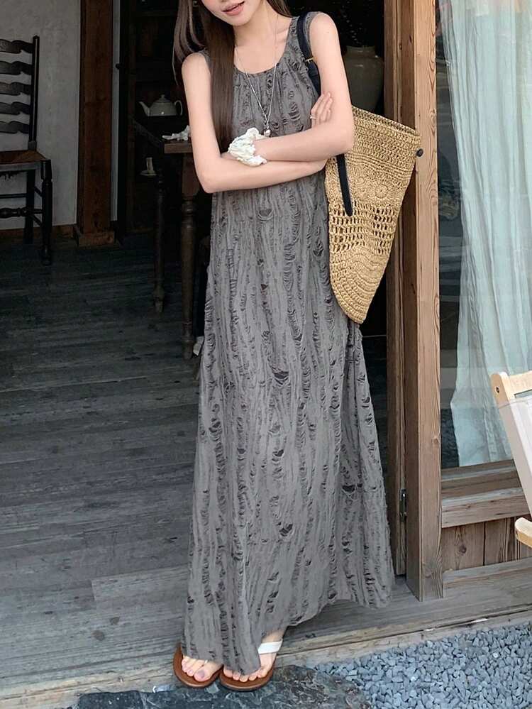 Women's Casual Round Neck Distressed Design Long Dress, Suitable For Dates, Vacations, And Outings