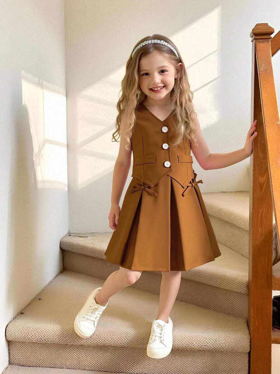 Elladie kids 两件套少女复古西装背心外套及百褶裙套装,优雅设计,适合通勤和休闲穿着 - 棕色 - 查看 1