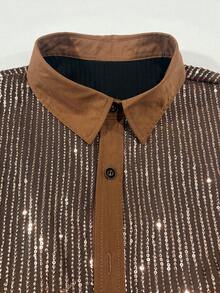 Calvornis Men's Solid Color Sequin Long Sleeve Single-Breasted Party Shirt - Champagne - View 5