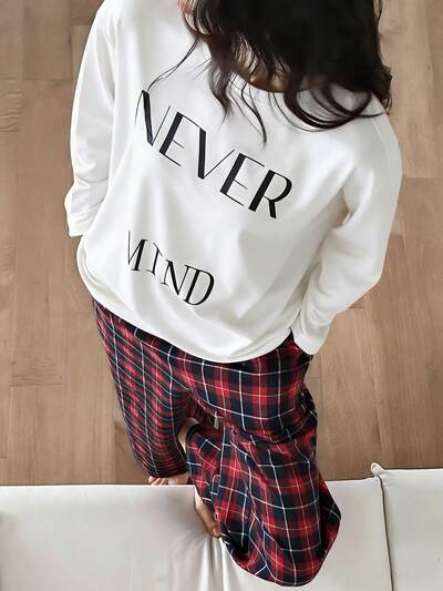 2pcs Women Graphic Print Loose Long Sleeve T-Shirt & Plaid Straight Leg Long Pants Pajama Set, Spring