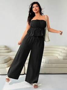 Solflare 大码新款女士日常两件套黑色棉麻吊带背心，适合度假穿着 - 黑色 - 查看 4