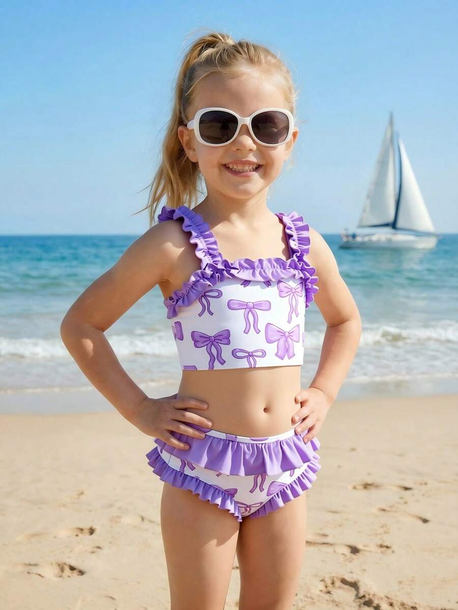 女童比基尼套装:可爱多彩紫色蝴蝶结印花针织上衣,蕾丝肩带和蕾丝裤脚,两件套。两件式上衣+三角裤。时尚、休闲、精致、优雅、淑女。适合游泳、夏季假期、夏季海滩、海边、游泳池、夏季派对、休闲度假。儿童比基尼套装,小女孩紫色泳衣两件套,带荷叶边的儿童两件式比基尼套装,带蝴蝶结图案的儿童比基尼套装,带荷叶边的小女孩紫色泳衣,薰衣草色女童两件式泳衣,薰衣草色女童泳衣,八岁女童泳衣,带荷叶边的两件式儿童比基尼套装,高腰带荷叶边泳衣,小女孩紫色两件式泳衣,带荷叶边的儿童比基尼套装。 - 粉色 - 查看 1