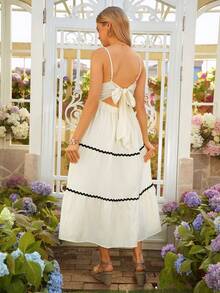 SHEIN Pregnant Women's Contrast Color Ribbon Tie Back Ruffle Hem Camisole Dress - Beige - View 2