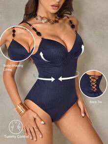 Shapewave Áo tắm liền thân nữ màu xanh hải quân đính ngọc trai, chất liệu jacquard, có gọng nâng ngực, dây đeo có thể điều chỉnh, đính đá kim cương phản quang, lưng khoét sâu, buộc dây, giúp thon gọn vòng bụng, thích hợp cho bãi biển và kỳ nghỉ. - Màu xanh hải quân - Xem 2