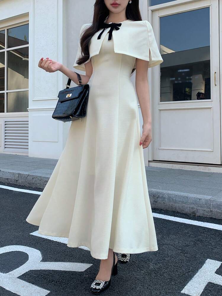 2pcs/Set Women Solid Color Waist Cinched Sleeveless Pleated Dress And Elegant Bowknot Shawl Outfit