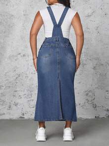 Rivivi Plus Size Solid Color Pocket Fitted Casual Denim Jumpsuit Dress - Blue - View 2