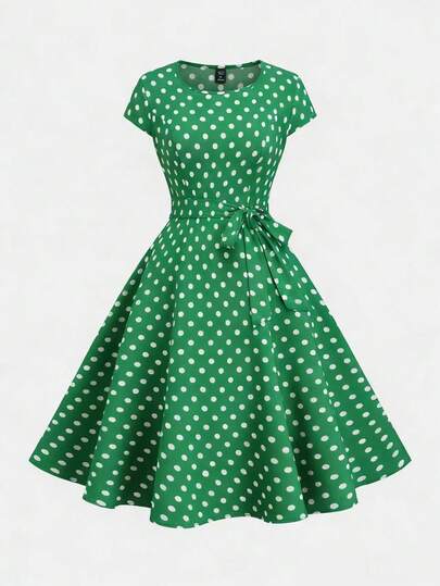 Sunspun Plus Size Women's Romantic Polka Dot Print Round Neck Cap Sleeve Dress