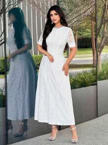 Modelyn Women's Elegant White Lace Short Sleeve Waist Cinched Dress, Summer - White - View 7