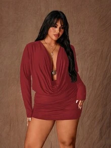 Rustia Sexy Plunging Neck Long Sleeve Stretchy Bodycon Plus Size Dress - Burgundy - View 8