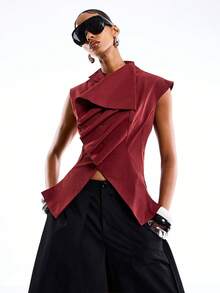 LYSMO 女士纯色荷叶边无袖时尚衬衫 - 酒紅色 - 查看 3