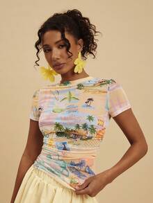 Travachic 2026春夏新款女式修身印花短袖网纱透视褶皱休闲上衣，适合度假/休闲及各种轻松场合穿着。 - 彩色 - 查看 5