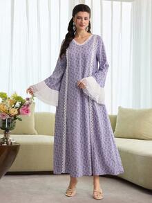Yasmyna Women's Elegant Purple Woven Floral Print Arabic Maxi Dress, V Neck Lace Trim Turkish Long Dress With Flared Extra-Long Embroidered Sleeves - Purple - View 8