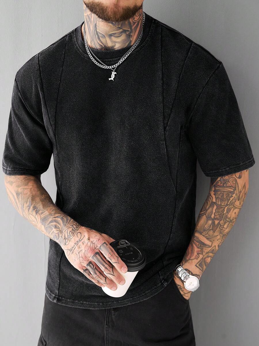 Manfinity Homme 男士黑色雪花水洗T恤 | 春夏短袖纯棉T恤，前片开衩设计，柔软舒适 - 黑色 - 查看 1