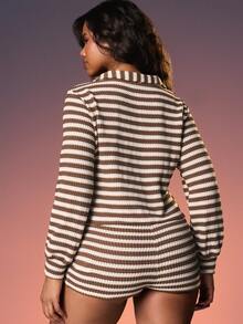 MISSGUIDED Oversized Horizontal Striped V-Neck Long Sleeve Romper Button Front Ribbed Knit Casual Playsuit Fall Winter Loungewear - Multicolor - View 2