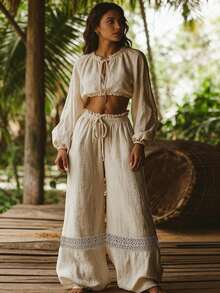 Quần dài ống rộng màu trơn, cạp chun, phối ren, chất liệu cotton pha. - Màu Khaki - Xem 3