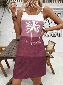 Breezaya 撞色椰树字母印花吊带裙，双肩带设计，饰有圆环，适合度假海滩穿着，女士款 - 彩色 - 查看 6