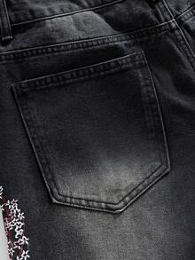 ROMWE MEN Street Life Men's Floral Embroidery Pattern Denim Shorts - Black - View 5