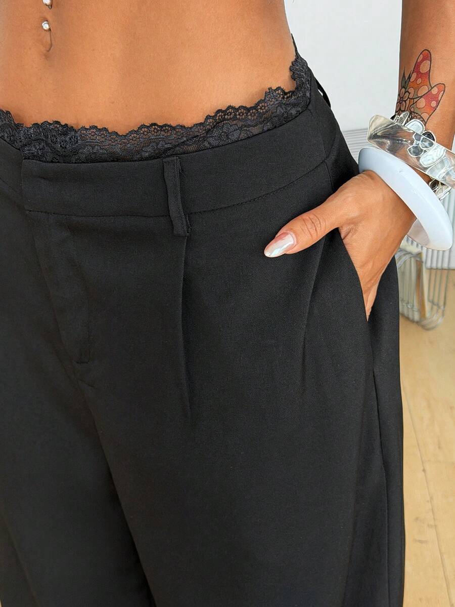 SHEIN PETITE CURVE 大尺碼女款夏季街頭風商務休閒優雅約會辦公穿搭,時尚極簡對比色蕾絲黑色長褲秋季 - 黑色 - 查看 1