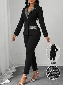 SHEIN Lady 女士时尚通勤亮片装饰夹克裤套装 黑色裤装 女士套装 黑色套装 优雅两件套裤装套装 - 彩色 - 查看 1