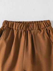SHEIN Vacaura 2pcs/Set Toddler Boys' Colorblock Short Sleeve Top And Solid Shorts Set - Brown - View 4