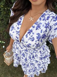 Sunnyshic Plus Size Floral Print Layered Ruffle Hem Casual Dress,White Summer Boho Bachelorette Party Tea Party Holiday,Cute Babydoll Curve High Tea Outfit - Blue and White - View 6