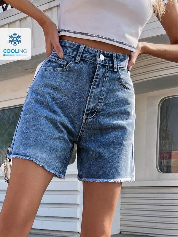 EMERY ROSE Women's Casual Front Button Pocket Frayed Hem Denim Shorts