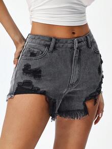 SHEIN EZwear Women's Pocket Distressed Hem Casual Denim Shorts - Black - View 4