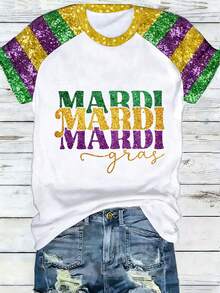 EMERY ROSE Áo thun nữ tay ngắn cổ tròn, thoải mái, kiểu dáng lễ hội, phối chữ nhiều màu sắc và họa tiết đính kim sa tương phản, phù hợp cho cả mặc hàng ngày và đi nghỉ lễ. - Nhiều màu - Xem 4