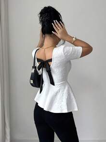 SHEIN Elenzya Elegant Rose Jacquard Satin Bow Tie Waist Irregular Ruffle Hem Women Short Sleeve T-Shirt - White - View 4