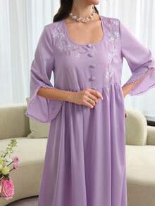 Yasmyna Elegant Women's Square Neck Loose Floral Embroidered Long Sleeve Swing Dress, Purple - Purple - View 3