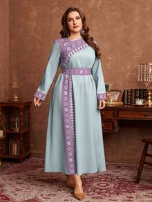 Al Najma Plus Size Women Arabic Style Elegant Floral Print Waist Cinched Dress, Suitable For Spring And Autumn - Cadet Blue - View 5