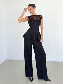 Siren Gaze Women's Lace Patchwork Cap Sleeve Top And Wide Leg Pants Casual Commuter Outfit Black Two Piece Set Women - Black - View 4
