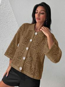 SHEIN Cottnline الجاكيت الكاردجان المحبوك اللون الأحادي المفتوح للنساء - بيج - مشاهدة 5