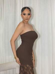 Melissa Matos 女士性感优雅黑色蕾丝两件套，包含加厚罗纹抹胸上衣和蕾丝喇叭裤，高弹面料勾勒身形，适合约会、聚会、派对、夜店、夜生活等场合。 - 棕色 - 查看 4