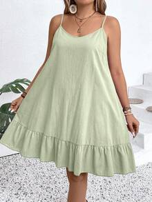 Breezaya Plus Size Solid Color Spaghetti Strap Ruffle Pleated Loose Summer Sleeveless Dress - Limelight Green - View 4