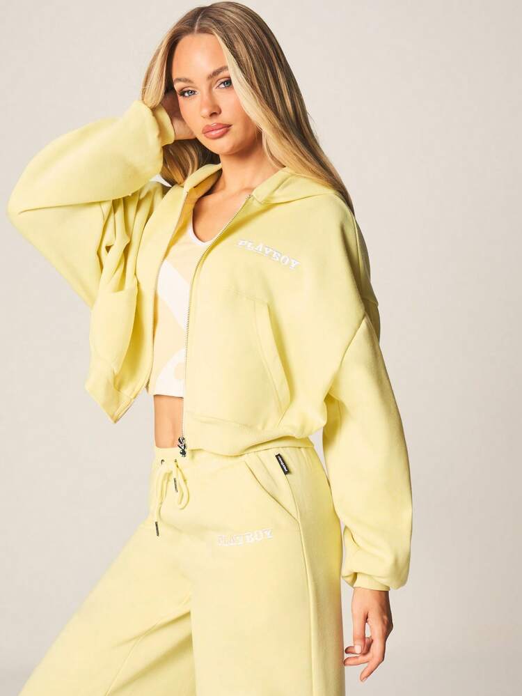 Missguided x Playboy Oversized Crop Zip Front Hooded Sweatshirt With Drawstring Hood And Centre Pocket For Casual Fall Winter Wear