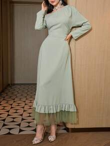 Modelyn 斜领露肩收腰修身纯色长袖中长连衣裙（女款） - 酪梨綠 - 查看 5