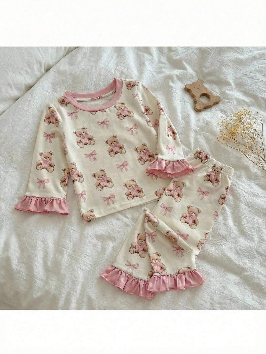 Loomiva Conjunto de 2 piezas de top de manga larga de cuello redondo y pantalones de cintura elástica con estampado de animales de dibujos animados para bebé niña - Rosa - Ver 1