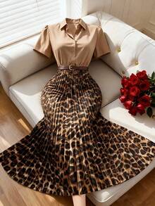 Franclia Commuter Outdoor Shirt Collar Cinched Waist Leopard Print Cinched Waist Women's Mid-Length Dress - Multicolor - View 5