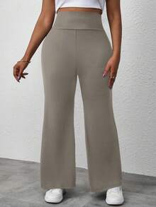 SHEIN PETITE CURVE Pantaloni della tuta a vita alta, ampi e comodi, traspiranti e versatili, in tinta unita, taglie comode - Cachi - Visualizzare 3