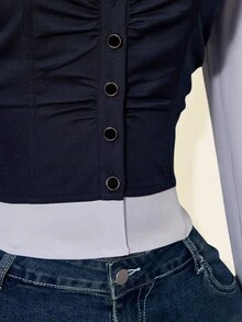 SHEIN ICON 女士休闲通勤时尚二合一系带修身衬衫，春秋季 - 藍色 - 查看 6