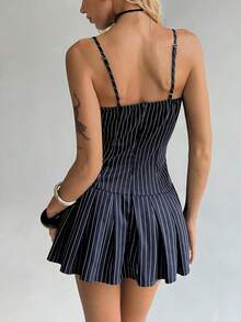 TRNVIE Women's Elegant Sexy Striped Bow Detail Backless Dress - Black - View 2