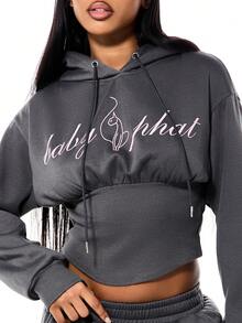 BABYPHAT 带抽绳和中央口袋的Logo束腰连帽衫，长袖，休闲秋冬舒适宽松版型套头衫 - 深灰色 - 查看 4